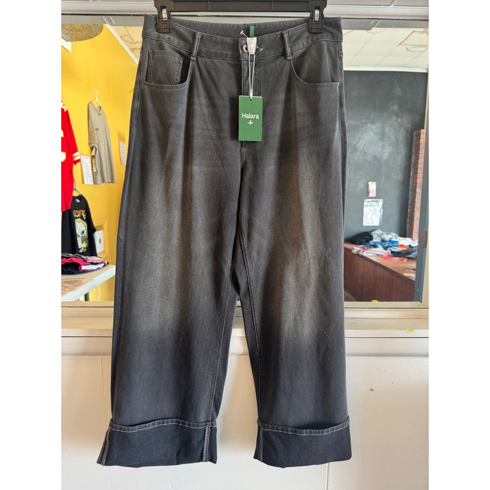 Halara Flex Denim Wide Leg Cuffed Pants Washed Black High Rise Size L NWT